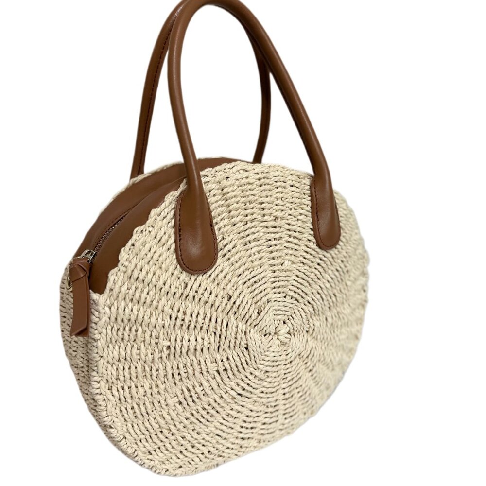 Talbots Straw Round Bag | Paper Straw & Leather | Crossbody/Handbag - Picture 13 of 16